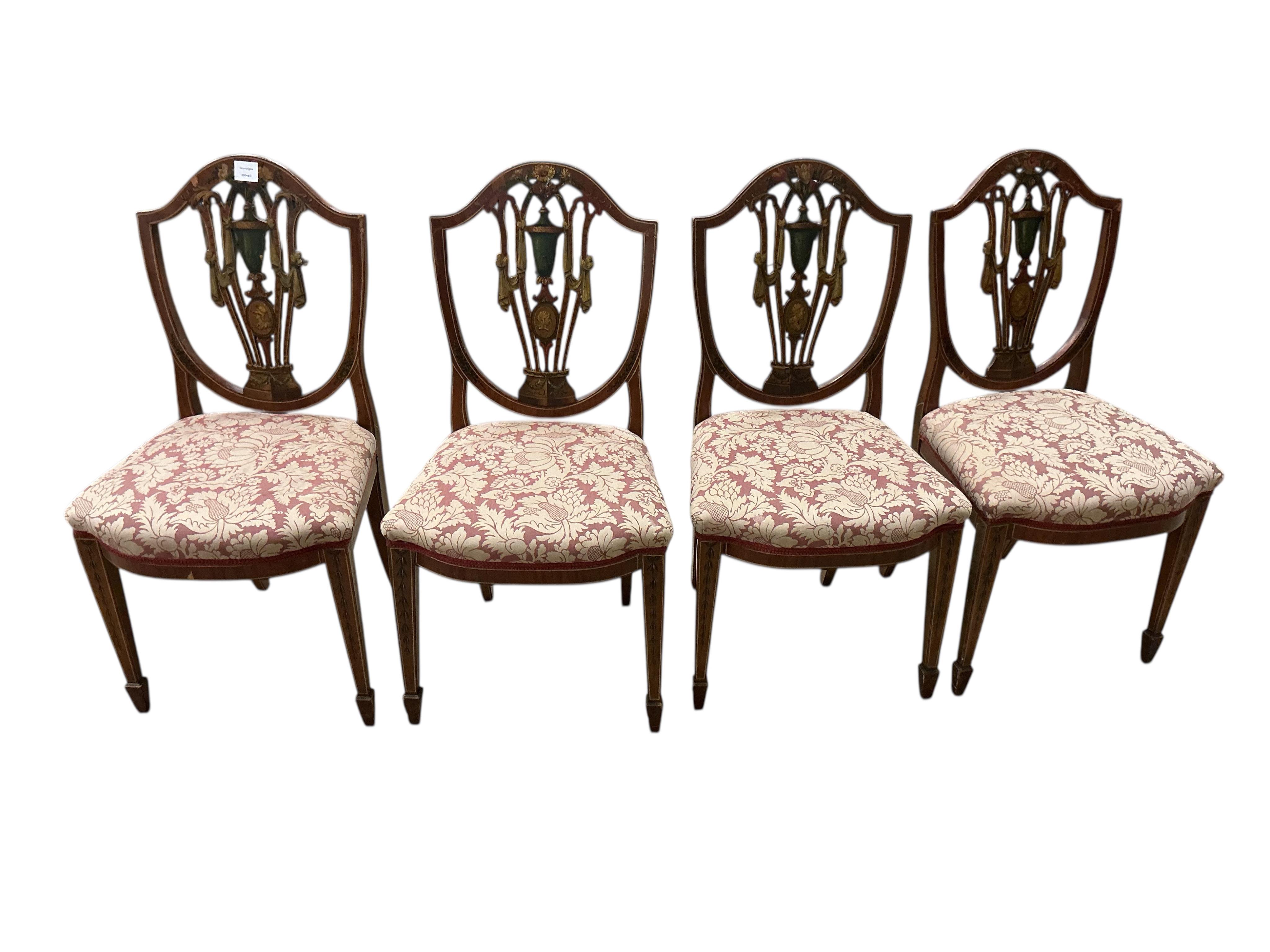 A set of four Edwardian, Sheraton Revival painted mahogany dining chairs, width 48cm, depth 40cm, height 90cm